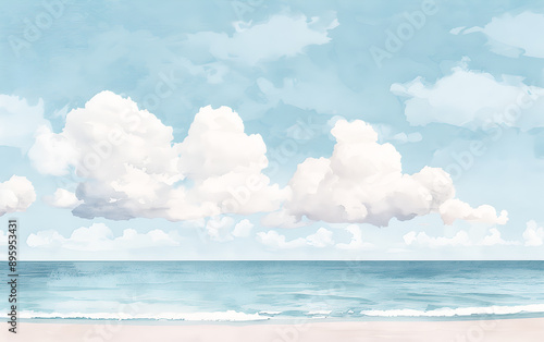 Serene Beach with Soft Clouds and Gentle Waves in Minimalist Art Style