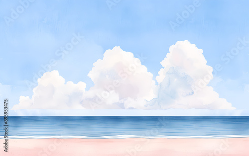 Serene Beach with Soft Clouds and Gentle Waves in Minimalist Art Style