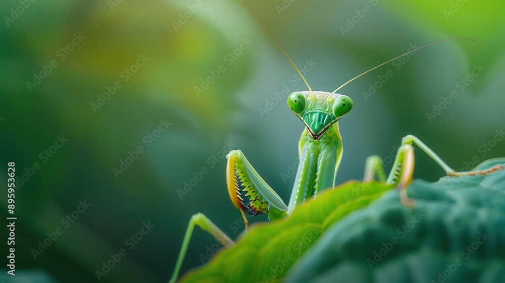 Macro photograph of a praying mantis camouflaged on a leaf, with focus on its eyes and slender body, insect, stealthy predator Macro photograph of a praying mantis camouflaged on a leaf, with focus on its eyes and slender body, insect, stealthy predator