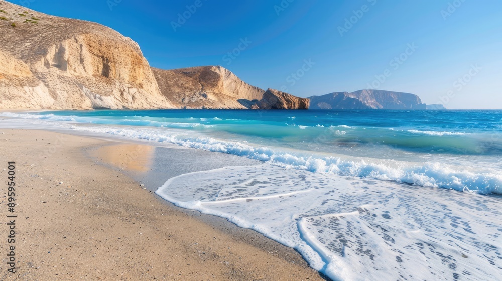 A view of the sandy beach with calm waves lapping at the shore and a distant mountain range visible in the background A view of the sandy beach with calm waves lapping at the shore and a distant mountain range visible in the background