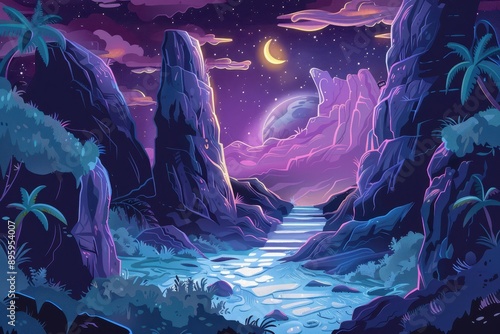 Mystical moonlit oasis in a deep canyon