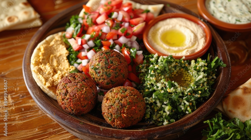 A fresh Mediterranean platter with falafel, tabbouleh, hummus, and pita bread. A fresh Mediterranean platter with falafel, tabbouleh, hummus, and pita bread.