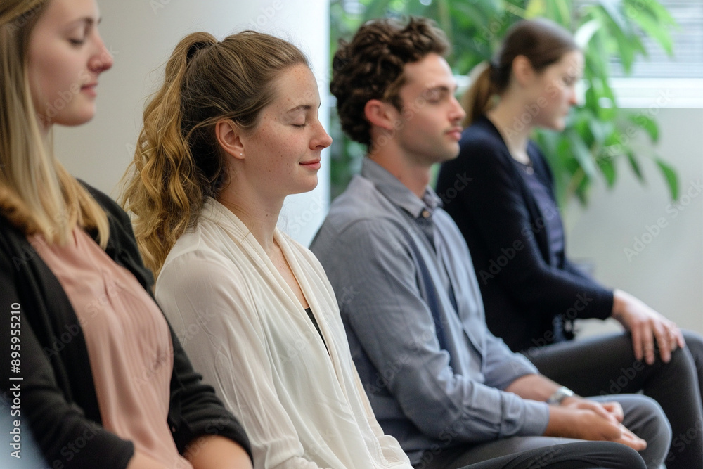 Serene Yoga Class In Bright Studio: Woman Meditating With Group For Wellness Advertising Or Health Magazine Serene Yoga Class In Bright Studio: Woman Meditating With Group For Wellness Advertising Or Health Magazine