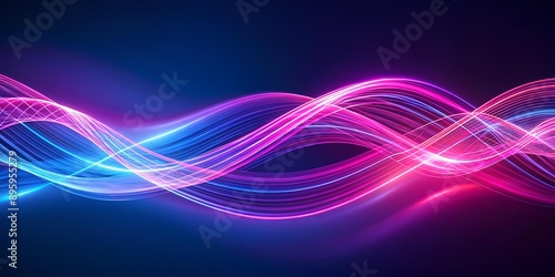 Abstract neon light waves on a blue backdrop representing technology and connectivity , neon  pink purple  colors photo