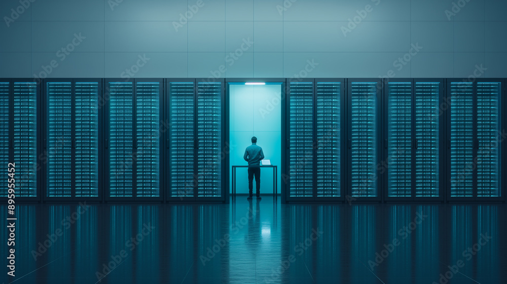 Fototapeta premium A man stands in front of a row of computer servers