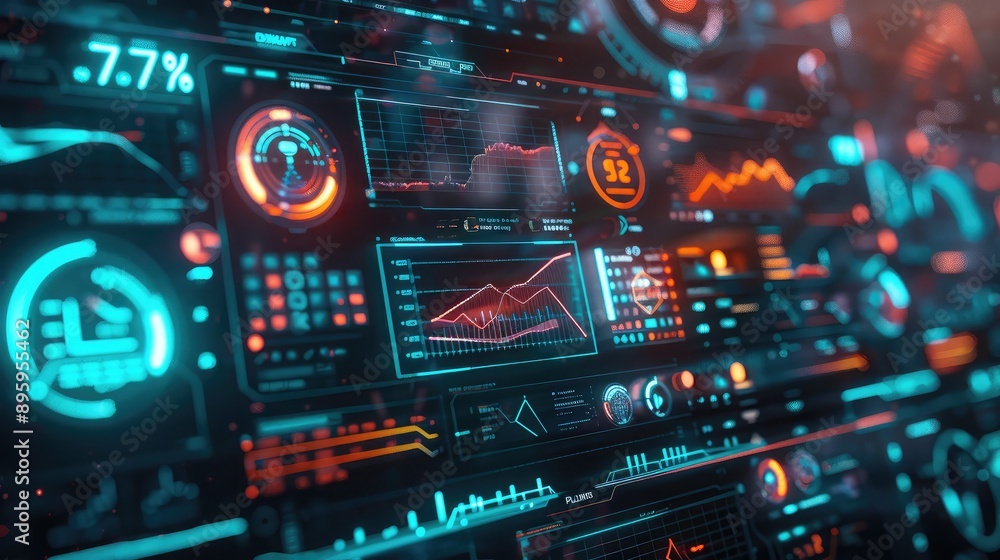 A futuristic digital interface displaying key business metrics and graphs. A futuristic digital interface displaying key business metrics and graphs.