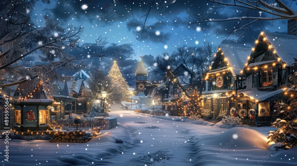 A beautiful snowscape featuring a snow-covered village square with festive decorations and twinkling lights, A beautiful snowscape featuring a snow-covered village square with festive decorations and twinkling lights,