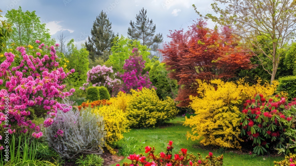 A beautiful spring garden featuring a variety of flowering shrubs, such as forsythia and azaleas, creating a lush and colorful landscape A beautiful spring garden featuring a variety of flowering shrubs, such as forsythia and azaleas, creating a lush and colorful landscape