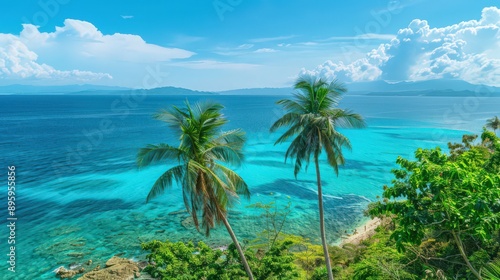 A breathtaking view of a tropical paradise with crystal-clear turquoise waters, white sandy beaches, and palm trees swaying gently in the breeze
