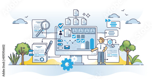 Contract management software with automatic digital deal tool outline concept, transparent background. Computer system with AI technology for effective document administration.