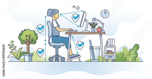 Ergonomics for remote work and correct sitting posture outline concept, transparent background. Back support and spine position from chair height illustration.