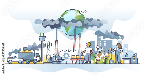 Generating greenhouse gases and CO2 pollution in urban city outline concept, transparent background. Polluted air from burning fossil fuels, power manufacturing.