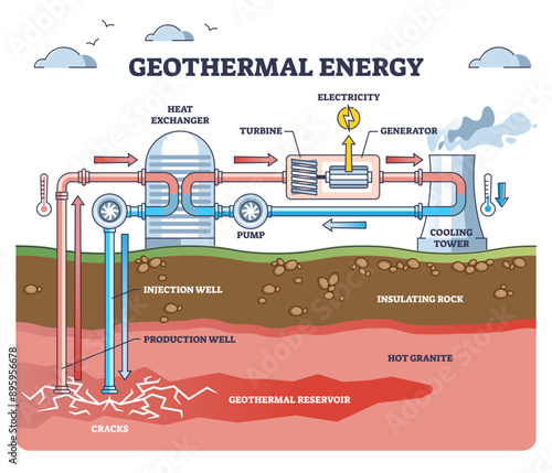 Geothermal energy as green electricity power from underground layers outline diagram, transparent background. Labeled educational technical scheme with heat exhanger, turbine.