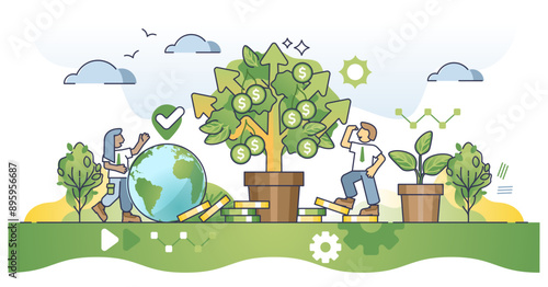 Impact investing or fund on green and sustainable projects outline concept, transparent background. Grow money tree with successful financial projects illustration.
