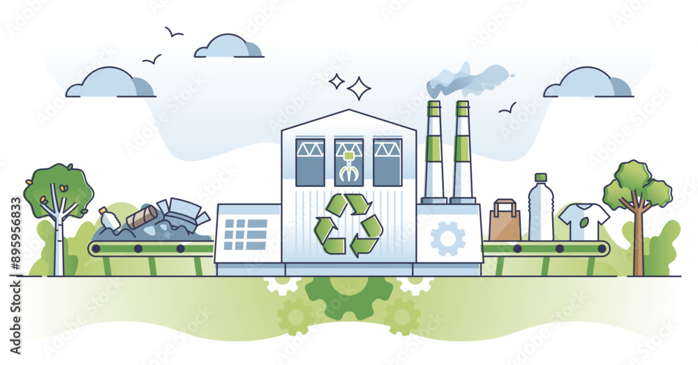 Waste processing facility for trash sorting and recycling outline concept, transparent background. PET bottles or paper material disposal and handling for ecological pollution reduction illustration. Waste processing facility for trash sorting and recycling outline concept, transparent background. PET bottles or paper material disposal and handling for ecological pollution reduction illustration.