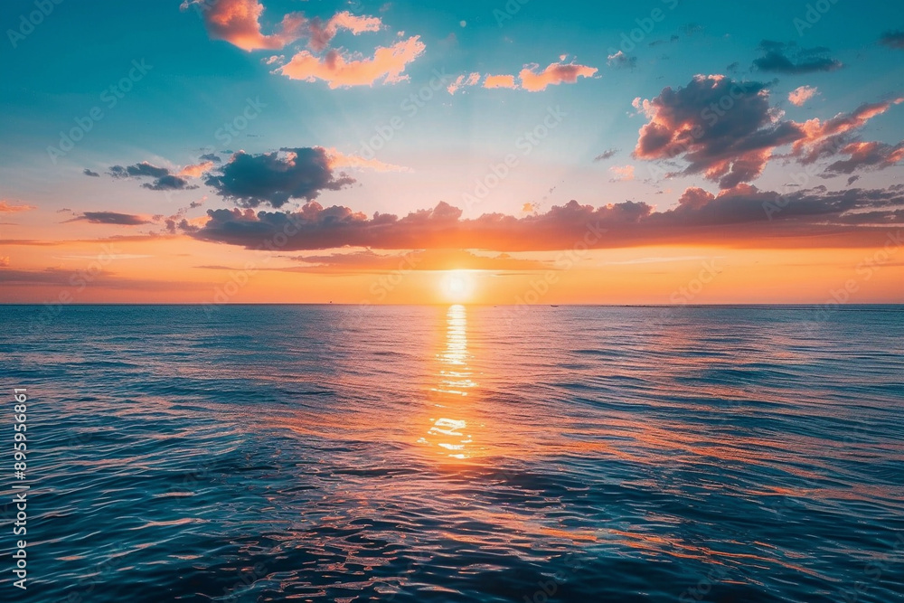 Stunning Sunset Over Calm Ocean: Perfect For Travel Brochures, Relaxation Apps, Or Inspirational Posters Stunning Sunset Over Calm Ocean: Perfect For Travel Brochures, Relaxation Apps, Or Inspirational Posters