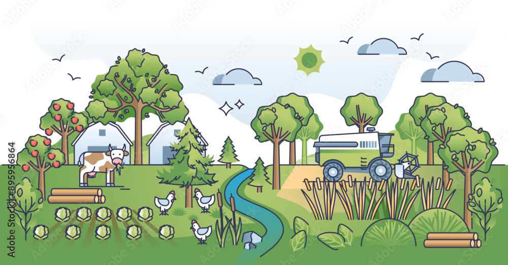 Ταπετσαρία Agroforestry as land use practice for ecological farming outline concept, transparent background