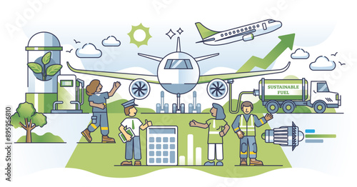 Sustainable aviation fuel and green biofuel consumption outline concept, transparent background. Environmental and nature friendly energy usage for airplane engines illustration. Net zero emissions.