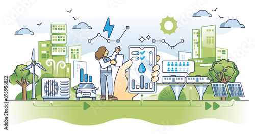 Sustainable urban planning with city big data collection outline concept, transparent background. Use infrastructure monitoring, power supply research and housing.