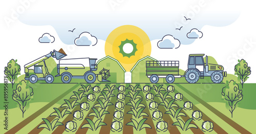 Agribusiness as agricultural business with food industry outline concept, transparent background. Maximize efficiency for harvesting company profit illustration.
