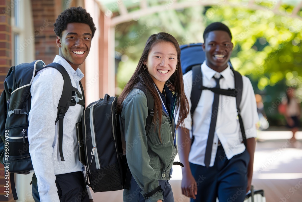 College students of different races holding a book at school, smiling at the camera, wearing school uniforms, fresh and lovely spring and summer winds, high precision, College students of different races holding a book at school, smiling at the camera, wearing school uniforms, fresh and lovely spring and summer winds, high precision,