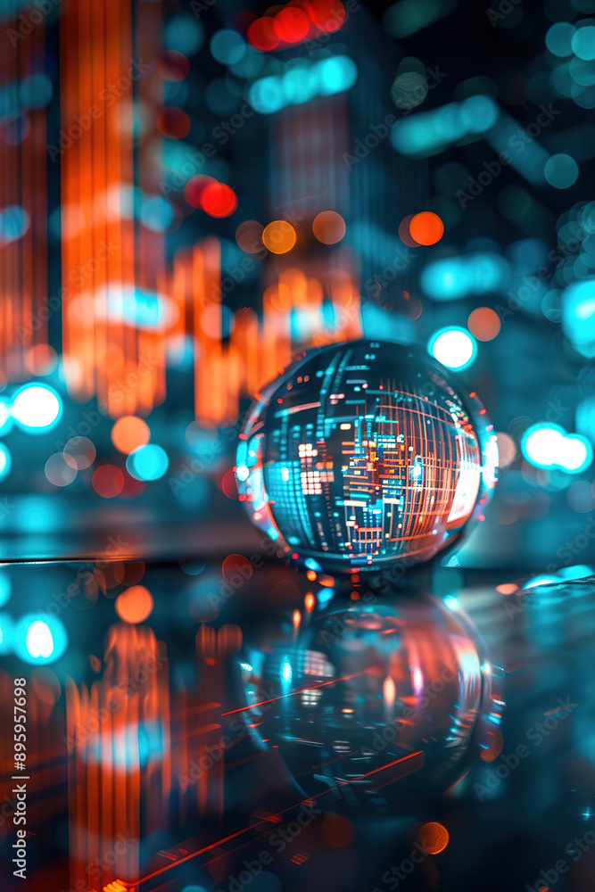 A crystal ball displaying economic and stock market data against the backdrop of urban night scenes A crystal ball displaying economic and stock market data against the backdrop of urban night scenes