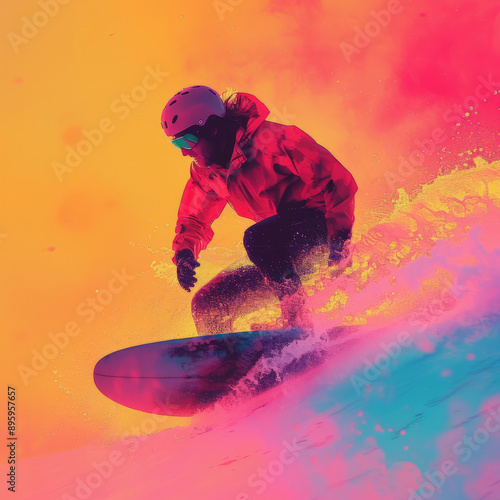 Colorful Graffiti-style illustration of Dynamic  Snowboarder in Action on vibrant background 