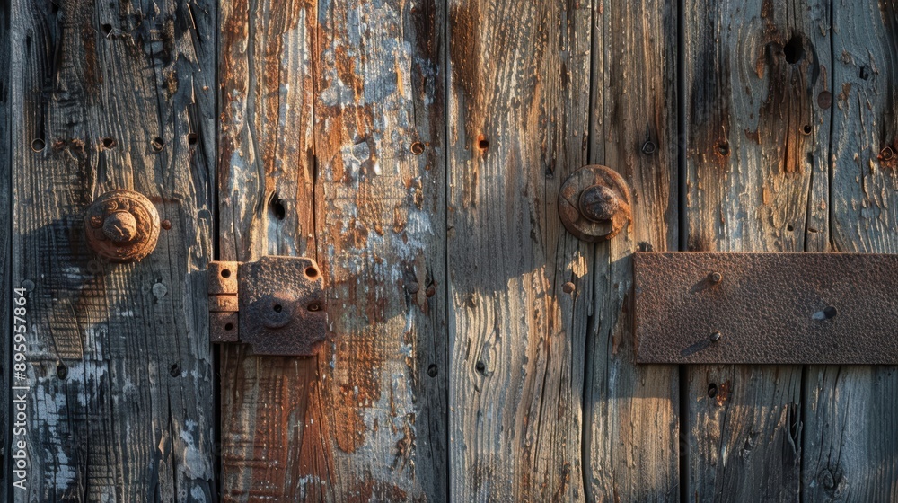Gentle sunlight highlighting a weathered wooden door with rustic charm, accented by vintage hinges and hardware for captivating texture Gentle sunlight highlighting a weathered wooden door with rustic charm, accented by vintage hinges and hardware for captivating texture