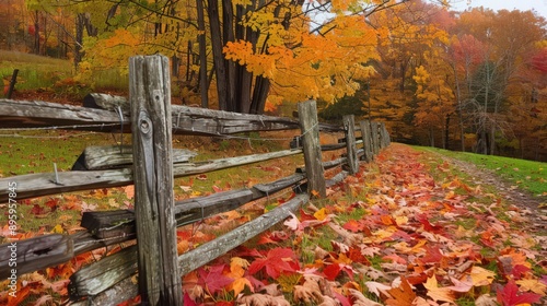 A charming rural scene with a rustic fence surrounded by piles of colorful autumn leaves, capturing the essence of a traditional fall harvest