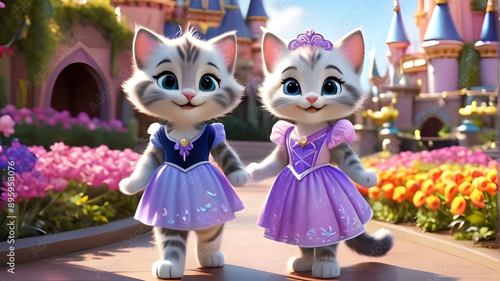 Fototapeta premium joyful cartoon kittens in vibrant outfits with expressive and happy faces