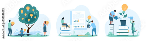 Creative thinking development, ideas and data research set. Tiny people study paper document with charts report, growing knowledge tree, plant with light bulbs from books cartoon vector illustration