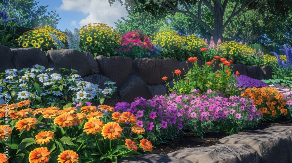 A charming springtime scene featuring a garden with mixed flowers like marigolds, petunias, and zinnias, showcasing the vibrant colors of the season A charming springtime scene featuring a garden with mixed flowers like marigolds, petunias, and zinnias, showcasing the vibrant colors of the season