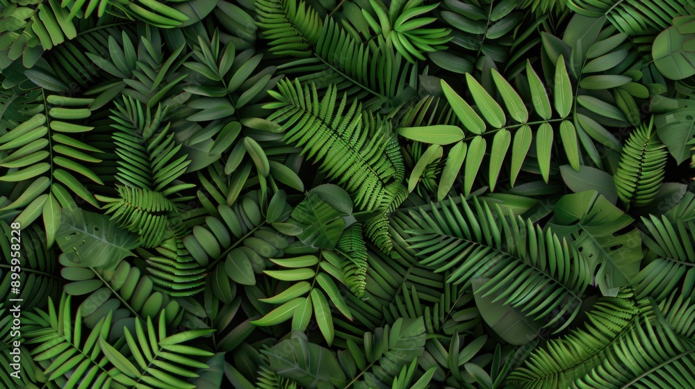 A close-up a variety of lush green tropical leaves in a seamless pattern SEAMLESS PATTERN A close-up a variety of lush green tropical leaves in a seamless pattern SEAMLESS PATTERN