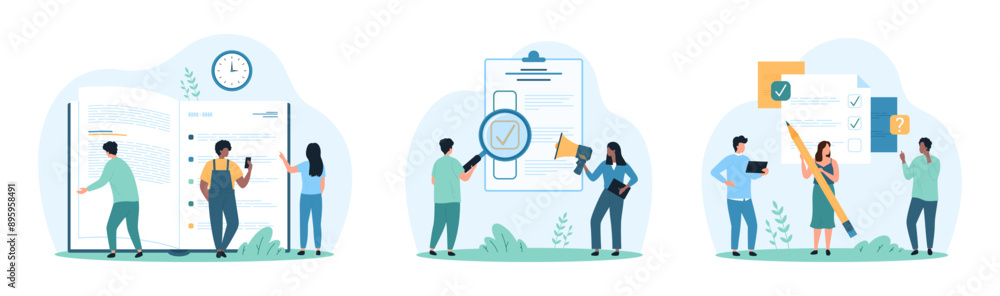 Satisfaction survey, filling out documents, questionnaire and notes set. Tiny people read book with list of rules and online FAQ, check boxes on clipboard with pencil cartoon vector illustration Satisfaction survey, filling out documents, questionnaire and notes set. Tiny people read book with list of rules and online FAQ, check boxes on clipboard with pencil cartoon vector illustration