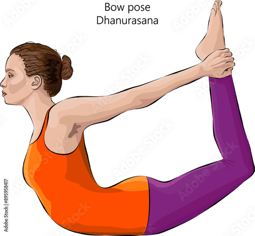 Young woman practicing Dhanurasana yoga pose. Bow pose. Intermediate Difficulty. Isolated vector illustration.