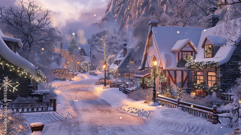 A charming winter wonderland of a snowy village with quaint houses, snow-covered streets, and festive decorations, A charming winter wonderland of a snowy village with quaint houses, snow-covered streets, and festive decorations,