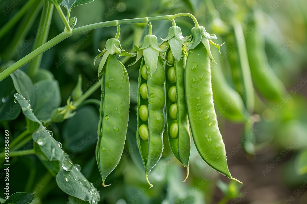 Fresh Green Peas on the Vine with Raindrops Glistening Fresh Green Peas on the Vine with Raindrops Glistening