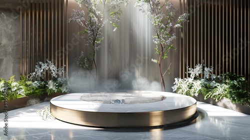 
Luxury abstract podium for modern product display using materials such as metal, glass in exquisite harmony with natural elements such as rock and plants. Minimalist style with Japanese influence. photo