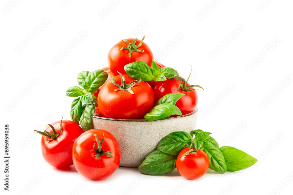 Fresh cherry tomatoes and fresh green basil isolated on white background. Tomato sauce. Vegan. Ingredients for salad. Organic food. Place for text. Copy space. Fresh cherry tomatoes and fresh green basil isolated on white background. Tomato sauce. Vegan. Ingredients for salad. Organic food. Place for text. Copy space.