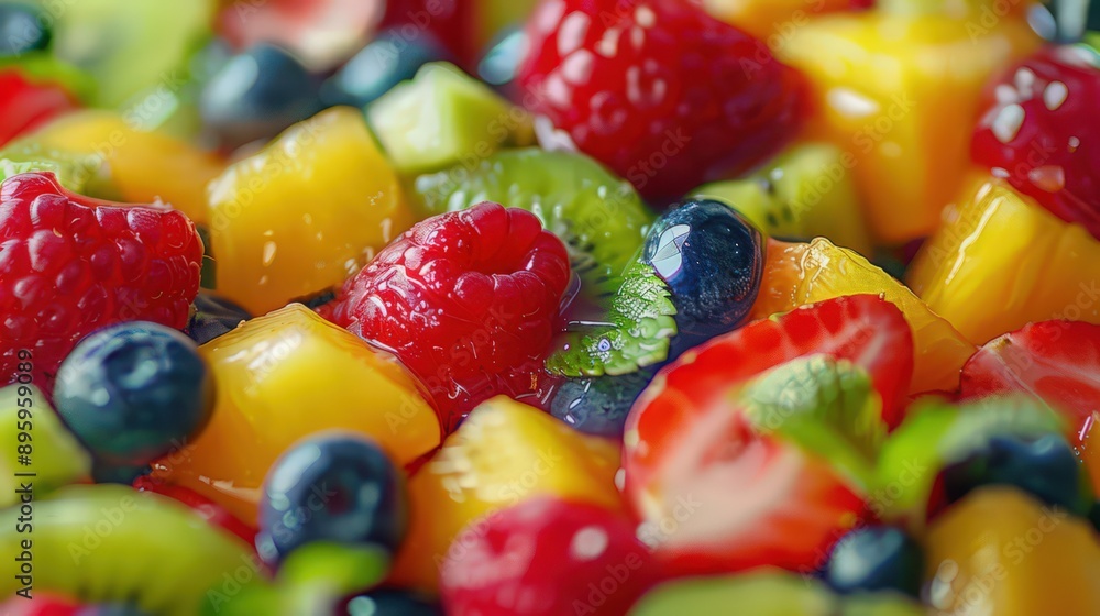 A close-up of a summer fruit salad with vibrant colors and fresh ingredients, perfect for enjoying on a sunny vacation day A close-up of a summer fruit salad with vibrant colors and fresh ingredients, perfect for enjoying on a sunny vacation day