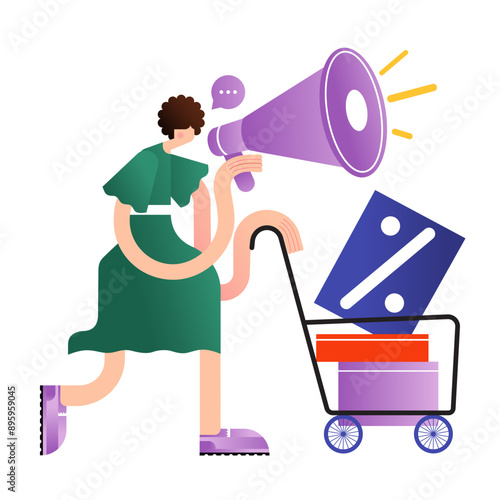 Marketing girl announcing discounts and sales into megaphone