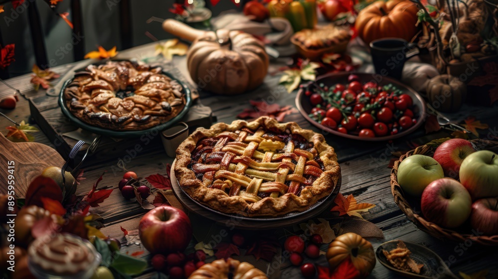 A cozy autumn harvest gathering with a wooden table filled with homemade pies, apples, and seasonal vegetables A cozy autumn harvest gathering with a wooden table filled with homemade pies, apples, and seasonal vegetables