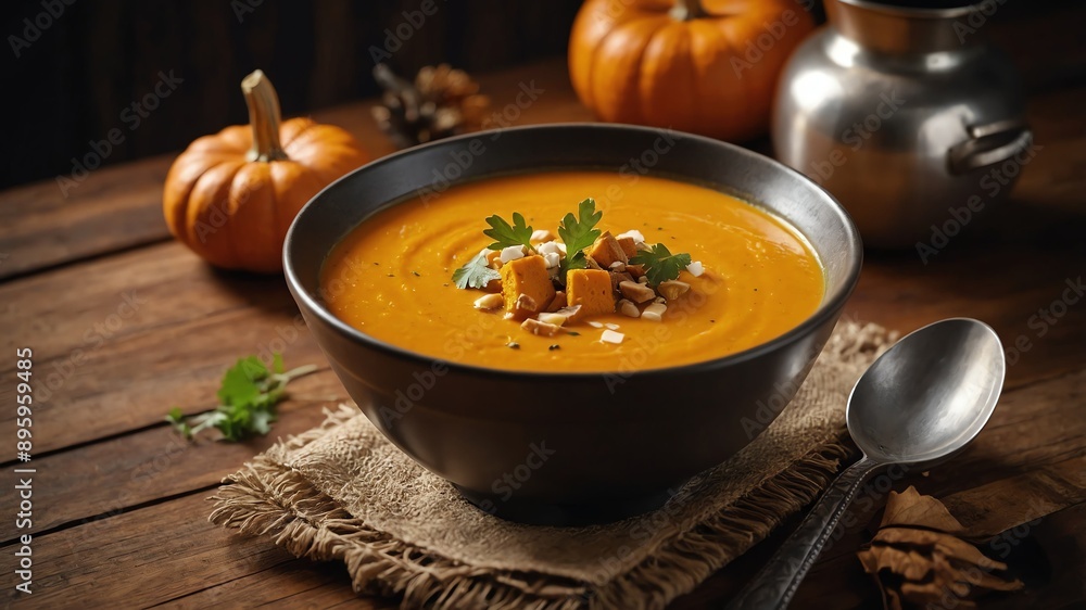 bowl of pumpkin soup on wooden table photo for ad marketing business background bowl of pumpkin soup on wooden table photo for ad marketing business background