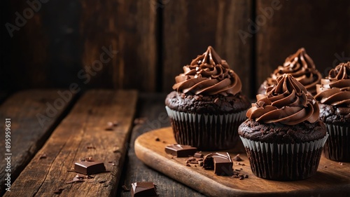 chocolate cupcakes on wooden table photo for ad marketing business background