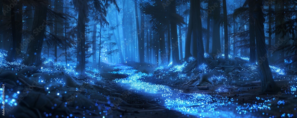 Bio-luminescent forest glowing in the dark. Bio-luminescent forest glowing in the dark.