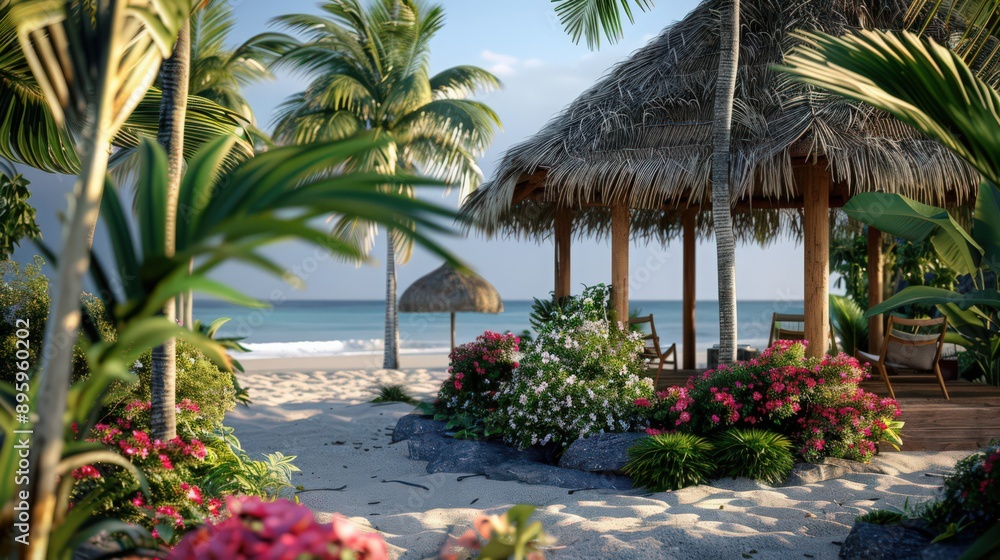 A cozy tropical cabana on the beach with a thatched roof, surrounded by tropical flowers and palm trees, offering a relaxing escape A cozy tropical cabana on the beach with a thatched roof, surrounded by tropical flowers and palm trees, offering a relaxing escape