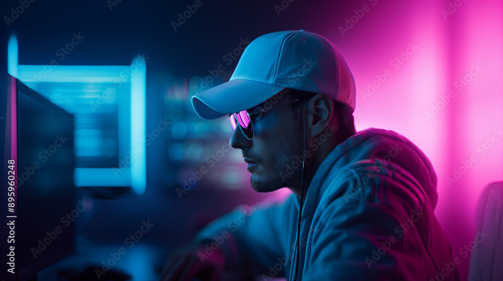 Close-up of a focused gamer in a neon-lit room, wearing a cap and headphones, immersed in a digital world. Close-up of a focused gamer in a neon-lit room, wearing a cap and headphones, immersed in a digital world.