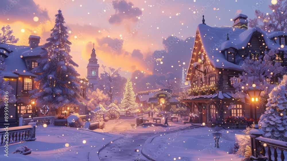 A cozy winter wonderland scene with a snow-covered village square, festively decorated with twinkling lights and snow A cozy winter wonderland scene with a snow-covered village square, festively decorated with twinkling lights and snow