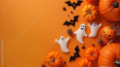 Halloween concept. Top view vertical photo of pumpkin basket for trick-or-treat spooky eyes candies with insects cockroach centipedes and spiders on isolated yellow background with copyspace