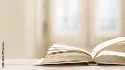 Open book on a desk near a window, with soft sunlight illuminating the pages.